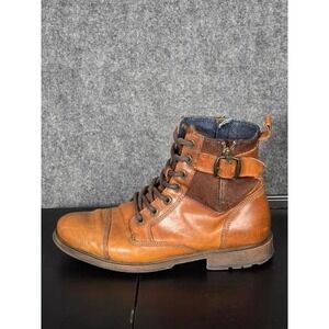 Aldo Mens Cognac Leather Combat Boots Lace Up Side Zip Cap Toe Brown Size 9.5